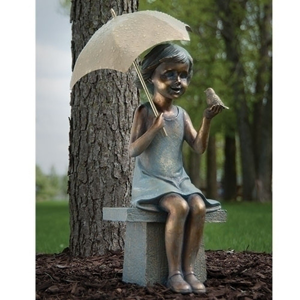 Girl on Bench with Umbrella & Bird Statue